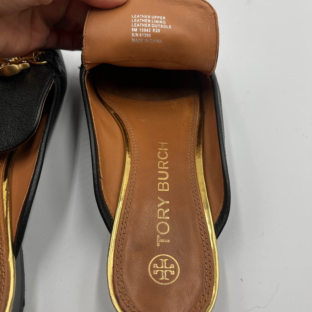 Tory Burch Jessa Chain Pebbled Leather Backless Loafers Mules Clogs Black Sz 9M - Picture 8 of 9